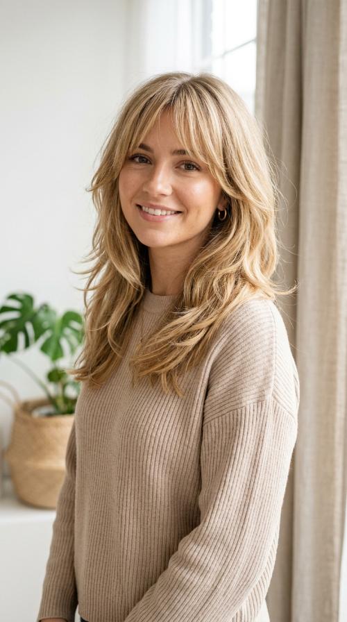 Buttery Blonde Layers with Face-Framing Fringe
