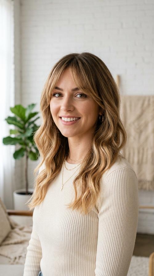 Caramel Blonde Ombre with Long Parted Bangs