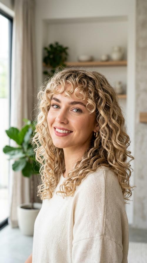 Champagne Blonde Curls with Curly Bangs