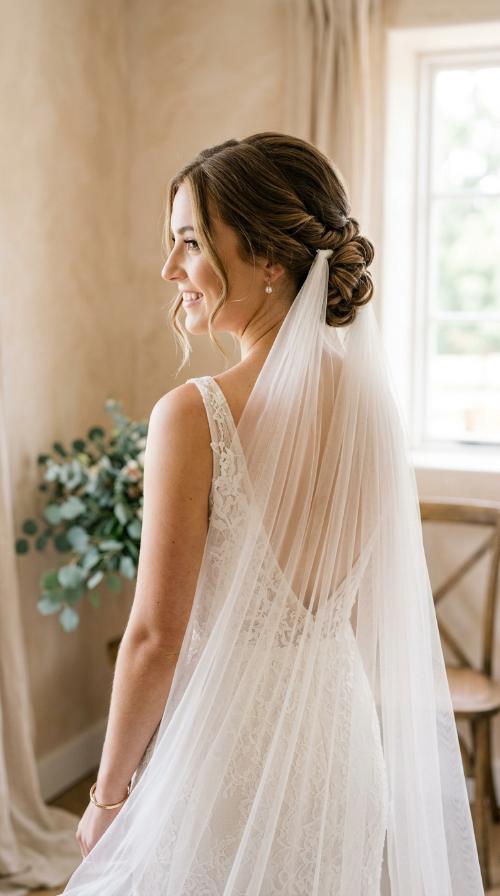 Classic Low Chignon with Drop Veil