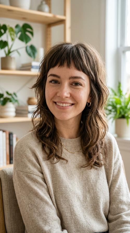Collarbone-Length Shag with Micro Bangs