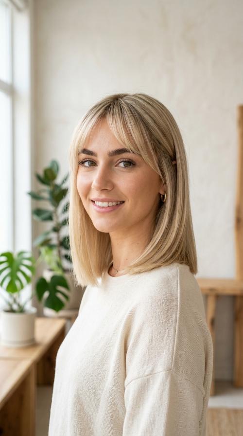 Creamy Blonde Straight Cut with See-Through Bangs