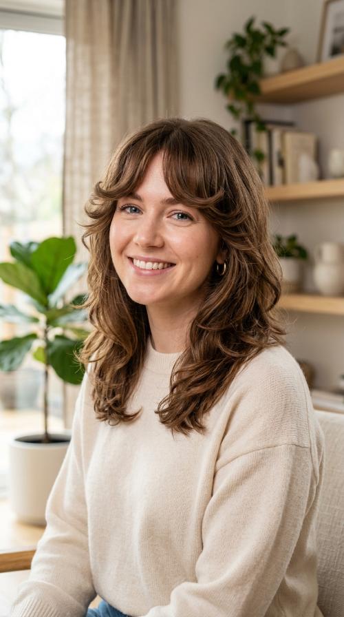 Curled Curtain Bangs with Mid-Length Layers