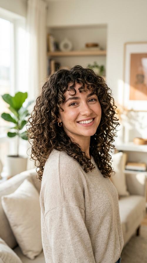 Curls with Curly Curtain Bangs