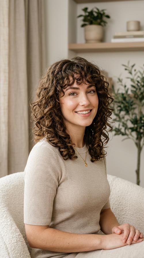 Curly Bangs and Shoulder-Length Layers