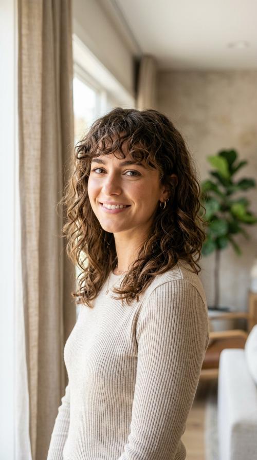 Curly Bangs with Layered Mid-Length