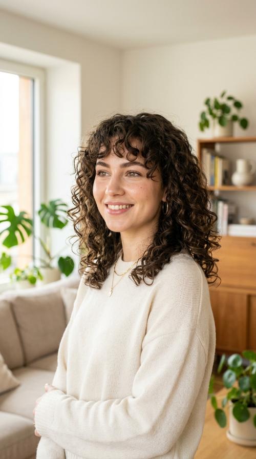 Curly Hair with Curtain Bangs