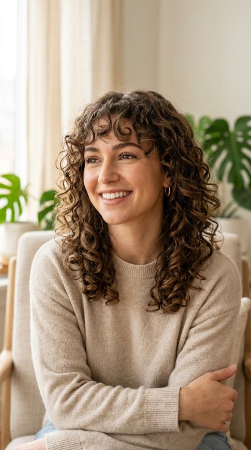 Curly Layered Cut with Curly Bangs