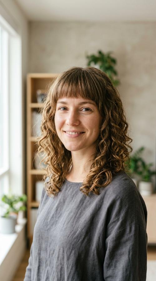 Curly Medium Length with Seamless Bangs