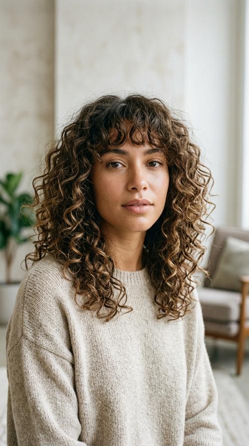 Curly Mid-Length Cut with Bangs