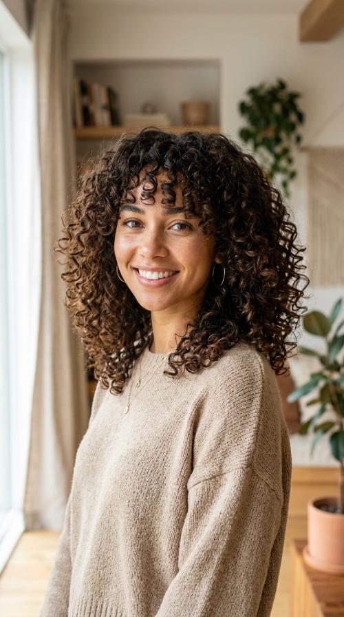 Curly Midi with Voluminous Bangs
