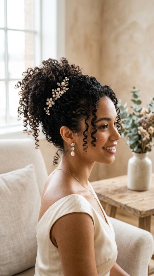 Curly Pineapple Updo with Jeweled Pins