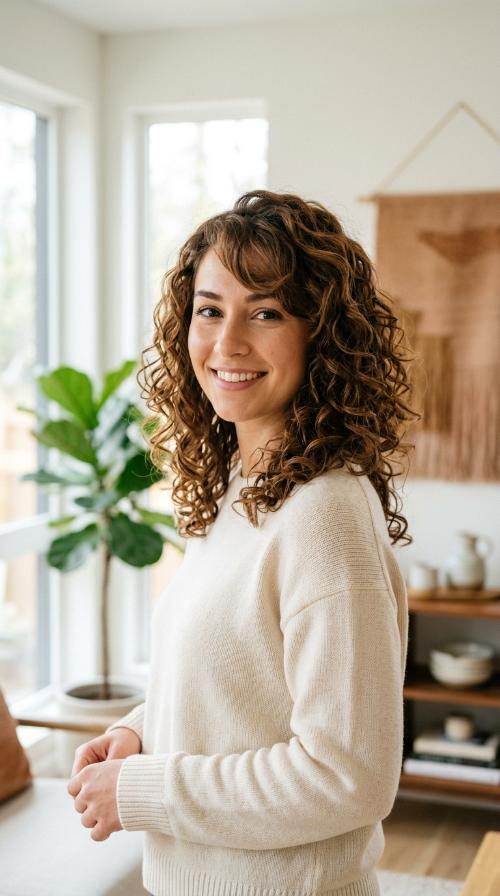 Curly Shoulder-Length Cut with Side Fringe