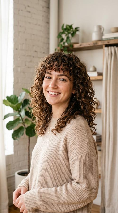 Curly Shoulder-Length Hair with Curly Bangs