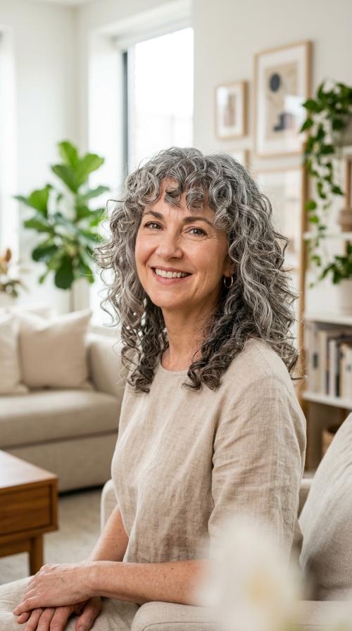 Curly Shoulder-Length Layers with Curly Bangs