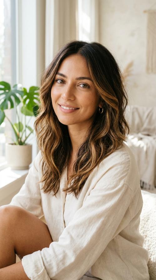 Dark Caramel Balayage with Layered Texture