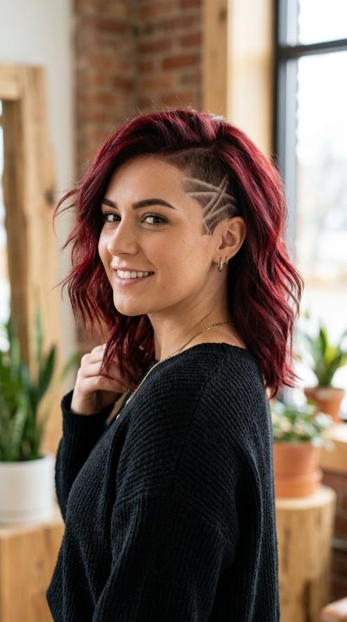 Dark Cherry Red Undercut with Etched Lines