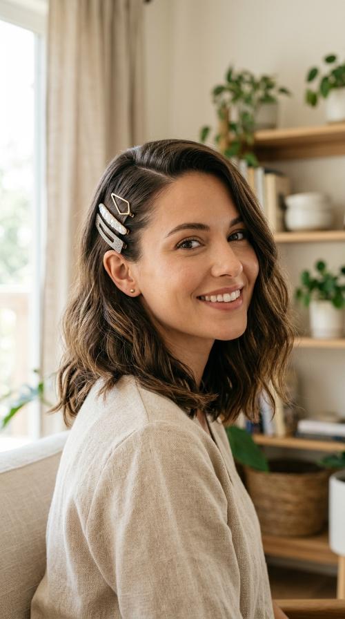 Deep Side Part with Barrettes