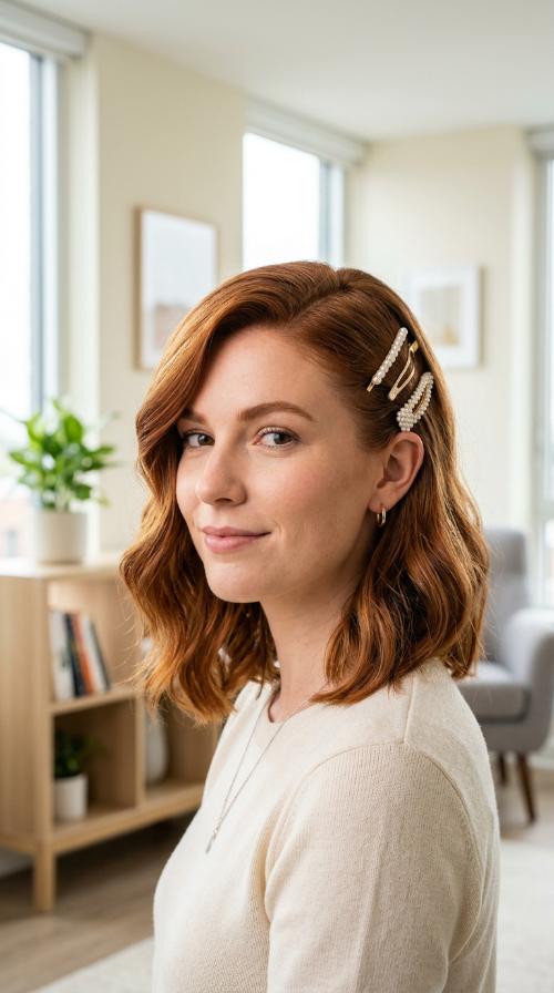 Deep Side Part with Barrettes