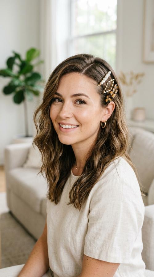 Deep Side Part with Barrettes