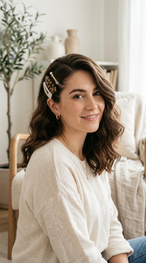 Deep Side Part with Barrettes