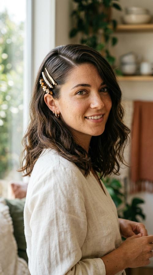 Deep Side Part with Barrettes
