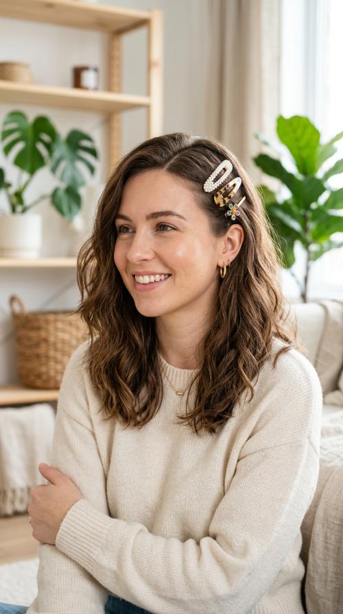 Deep Side Part with Barrettes