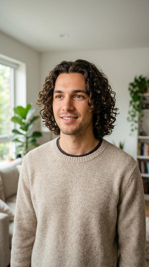 Defined Curly Middle Part