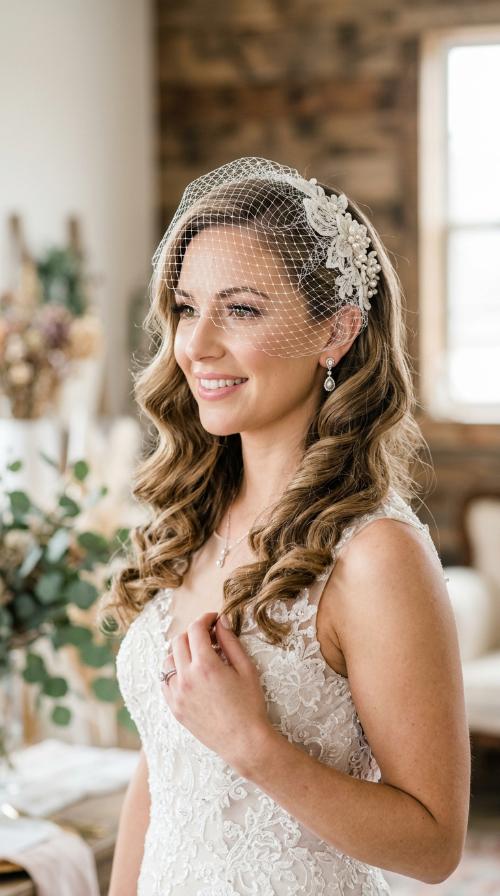 Elegant Side-Swept Curls with Birdcage Veil
