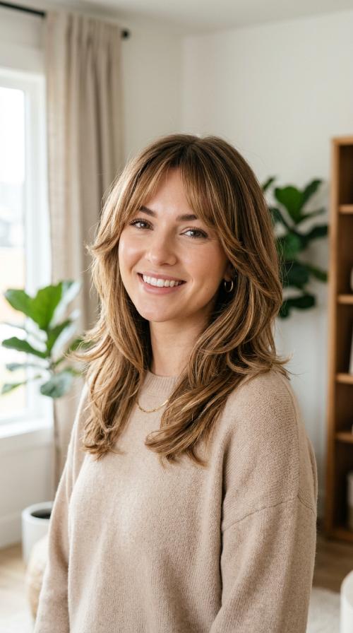 Face-Framing Curtain Bangs with Layers
