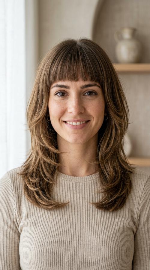 Face-Framing Layers with Blunt Bangs