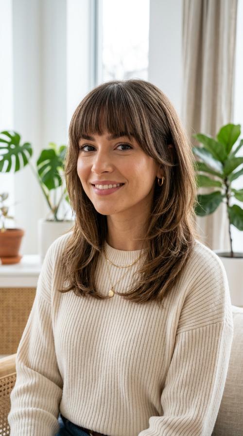Face-Framing Layers with Full Blunt Bangs