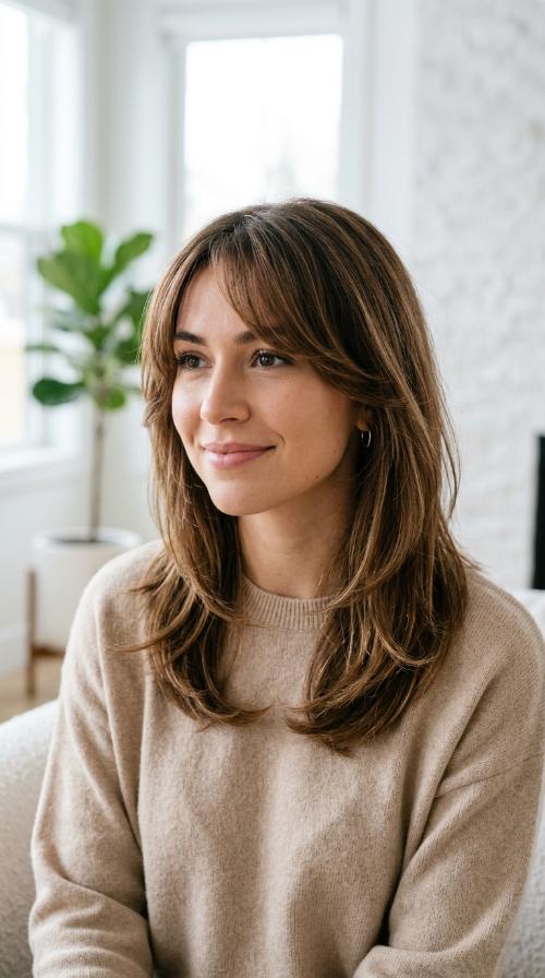 Face-Framing Layers with Side-Swept Bangs