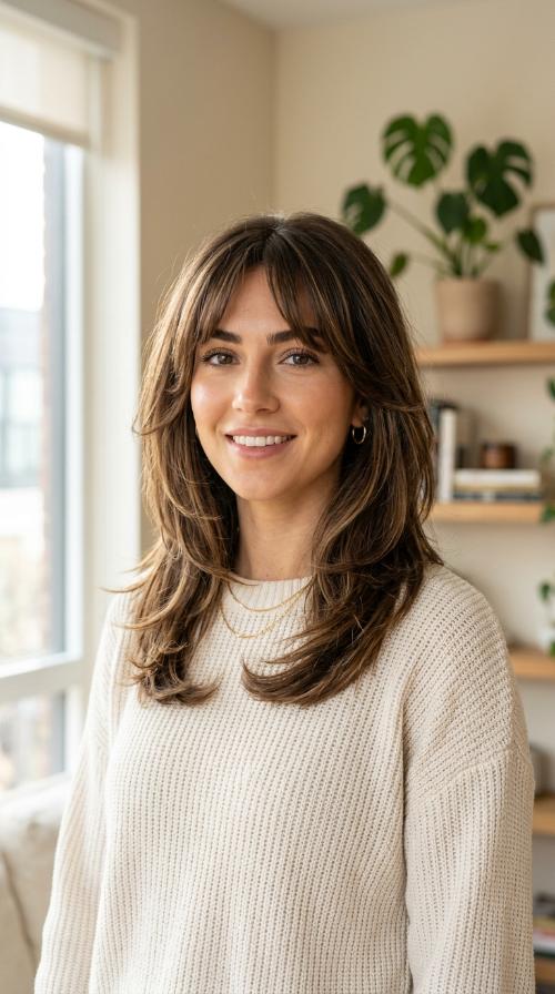 Face-Framing U-Cut Layers with Bardot Bangs