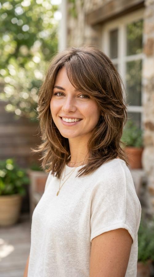 Feathered Medium Cut with Long Side Bangs