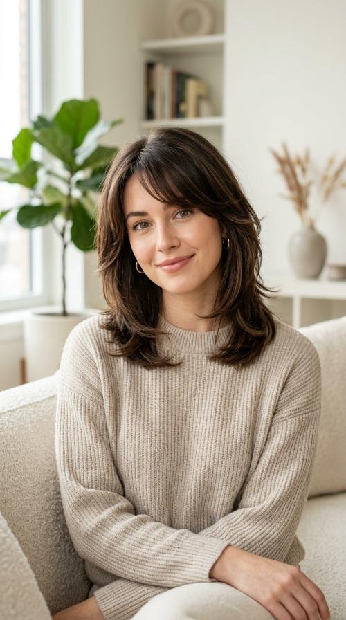 Feathered Mid-Length Cut with Side-Swept Bangs