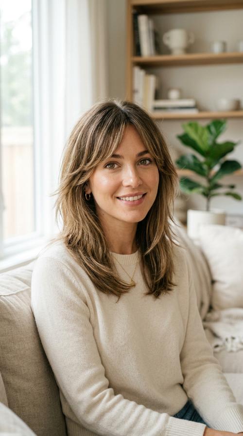 Feathered Mid-Length Cut with Side-Swept Bangs