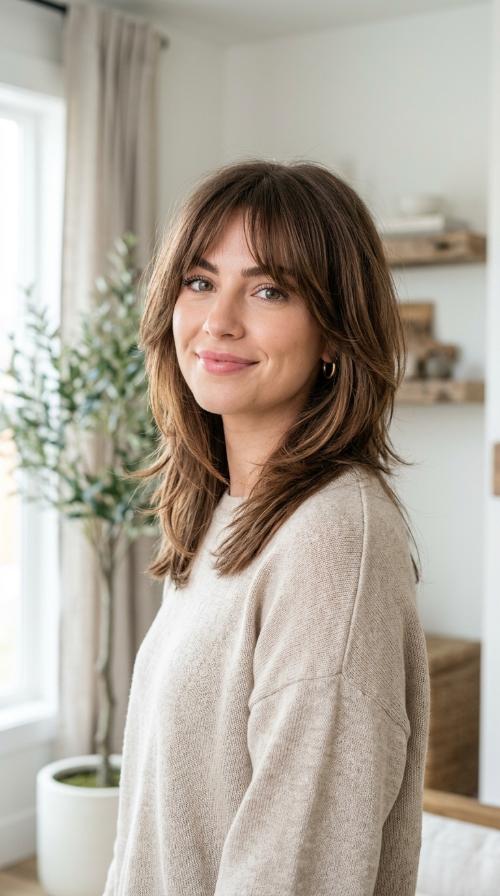 Feathered Mid-Length Layers with Bardot Bangs