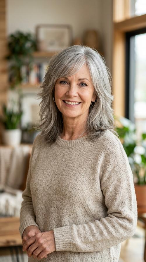 Feathered Silver Layers with Side-Swept Bangs