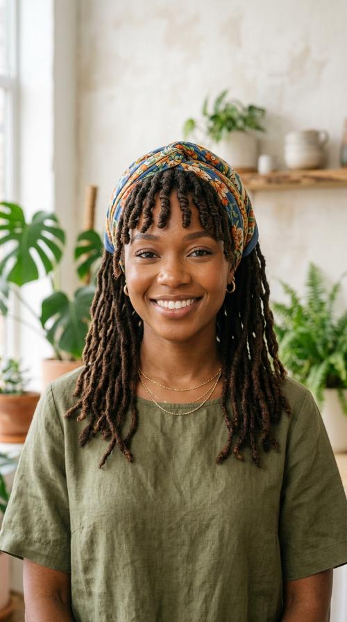 Front-Facing Loc Bangs with a Scarf