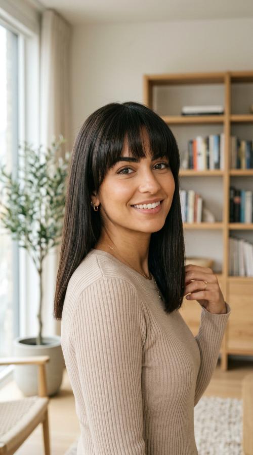 Full Arched Bangs with Sleek Shoulder-Length Hair