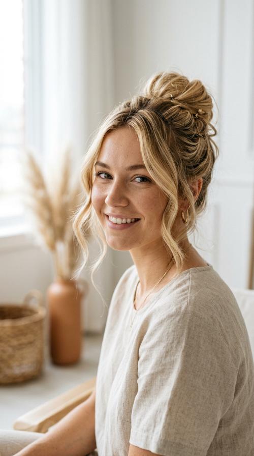 Golden Blonde Messy Bun with Face-Framing Tendrils