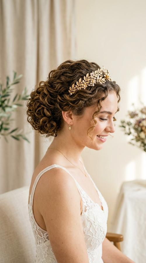 Greek Goddess Updo with Gold Leaf Headband