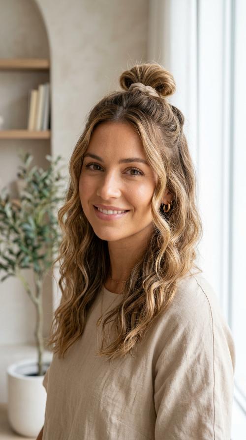 Half-Up Top Knot with Beachy Waves