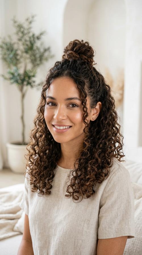 Half-Up Top Knot with Cascading Curls