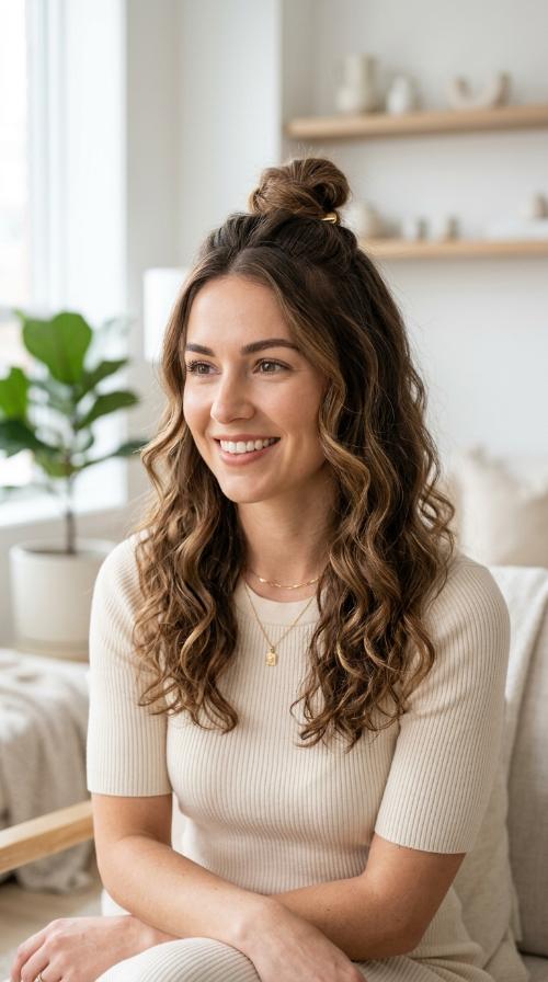 Half-Up Top Knot with Loose Curls