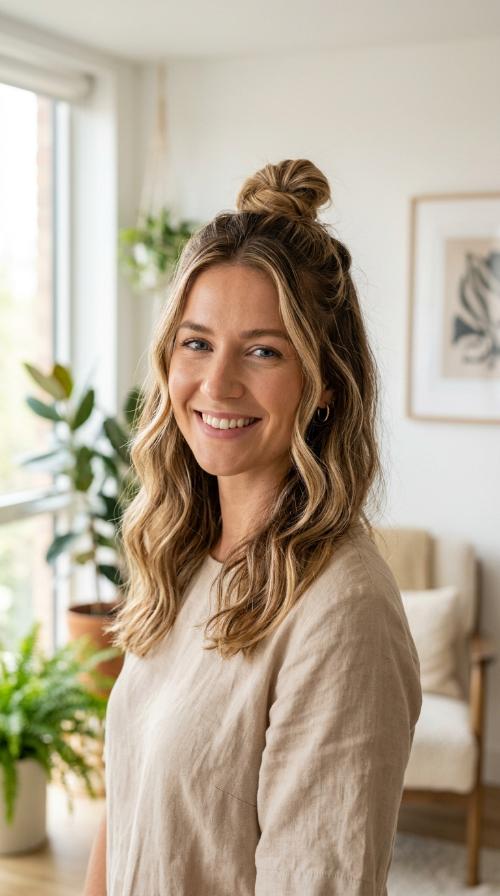 Half-Up Top Knot with Sun-Kissed Streaks