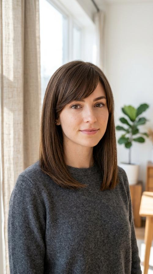 Heavy Side-Swept Bangs with Blunt Midi Cut