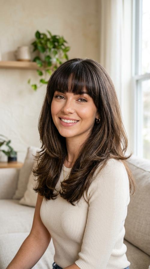 Heavy Straight Bangs with a Voluminous Blowout