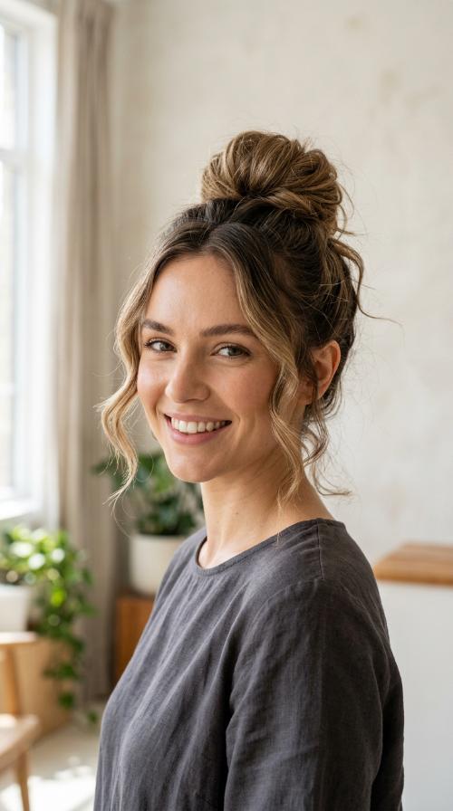 High Messy Bun with Face-Framing Strands